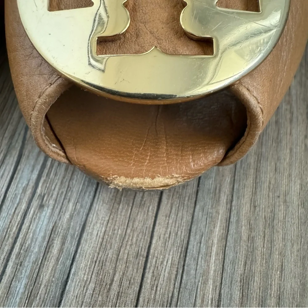 Tory Burch Tan Leather Julianne Peep Toe Wedge Pumps Size 8